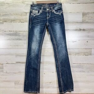 Grace in LA Womens Blue Embroidered Rhinestone‎ Western Bootcut Jeans Size 25